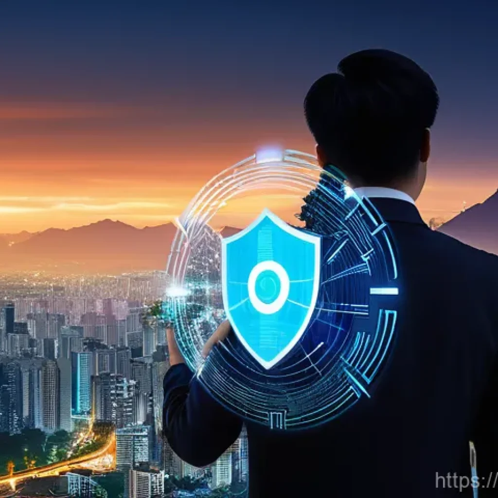 보안관제센터 직무와 법률적 이해 - A central, dynamic digital shield, glowing with a soft, protective blue light, prominently features ...