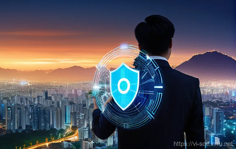 보안관제센터 직무와 법률적 이해 - A central, dynamic digital shield, glowing with a soft, protective blue light, prominently features ...