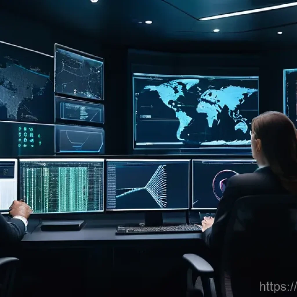 보안관제센터 운영 성공 사례 - **Prompt:** A modern, state-of-the-art Security Operations Center (SOC) bustling with activity. Two ...