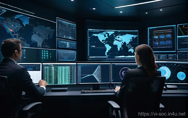 보안관제센터 운영 성공 사례 - **Prompt:** A modern, state-of-the-art Security Operations Center (SOC) bustling with activity. Two ...