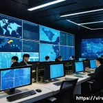 Home 22 보안관제센터와 GDPR 개인정보 보호 준수 - A high-tech Security Operations Center (SOC) room filled with multiple large digital screens display...