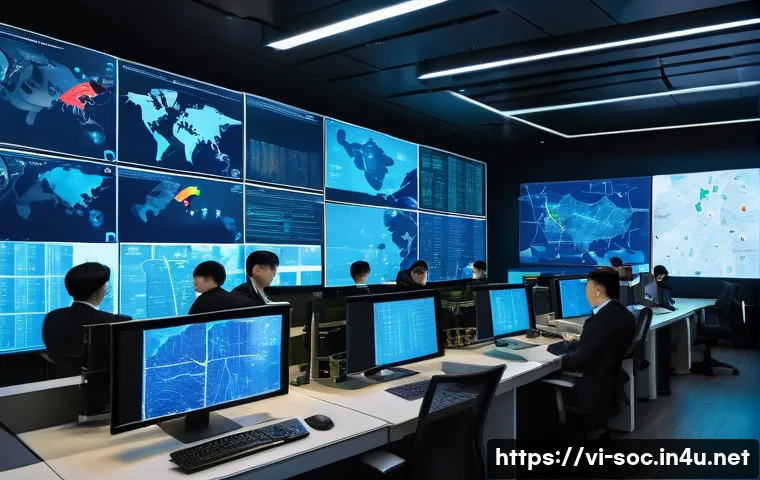 보안관제센터와 GDPR 개인정보 보호 준수 - A high-tech Security Operations Center (SOC) room filled with multiple large digital screens display...