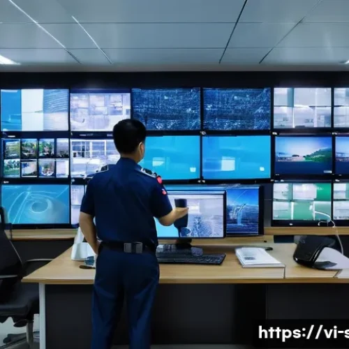 Home 33 보안관제 근무 환경 리얼 후기 - A modern security monitoring room in a Vietnamese office building, featuring multiple high-resolutio...