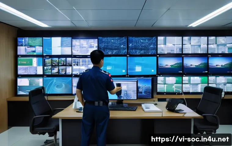 보안관제 근무 환경 리얼 후기 - A modern security monitoring room in a Vietnamese office building, featuring multiple high-resolutio...