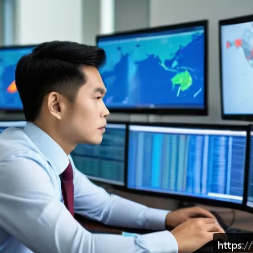Home 32 보안관제 경력직 면접 질문 대비 - A professional cybersecurity analyst in a modern Vietnamese office environment, sitting at a desk wi...