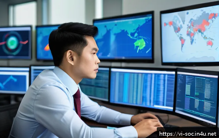 보안관제 경력직 면접 질문 대비 - A professional cybersecurity analyst in a modern Vietnamese office environment, sitting at a desk wi...