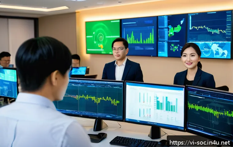 보안관제센터 일상업무 사례 - A modern Vietnamese cybersecurity operations center bustling with diverse professionals in business ...
