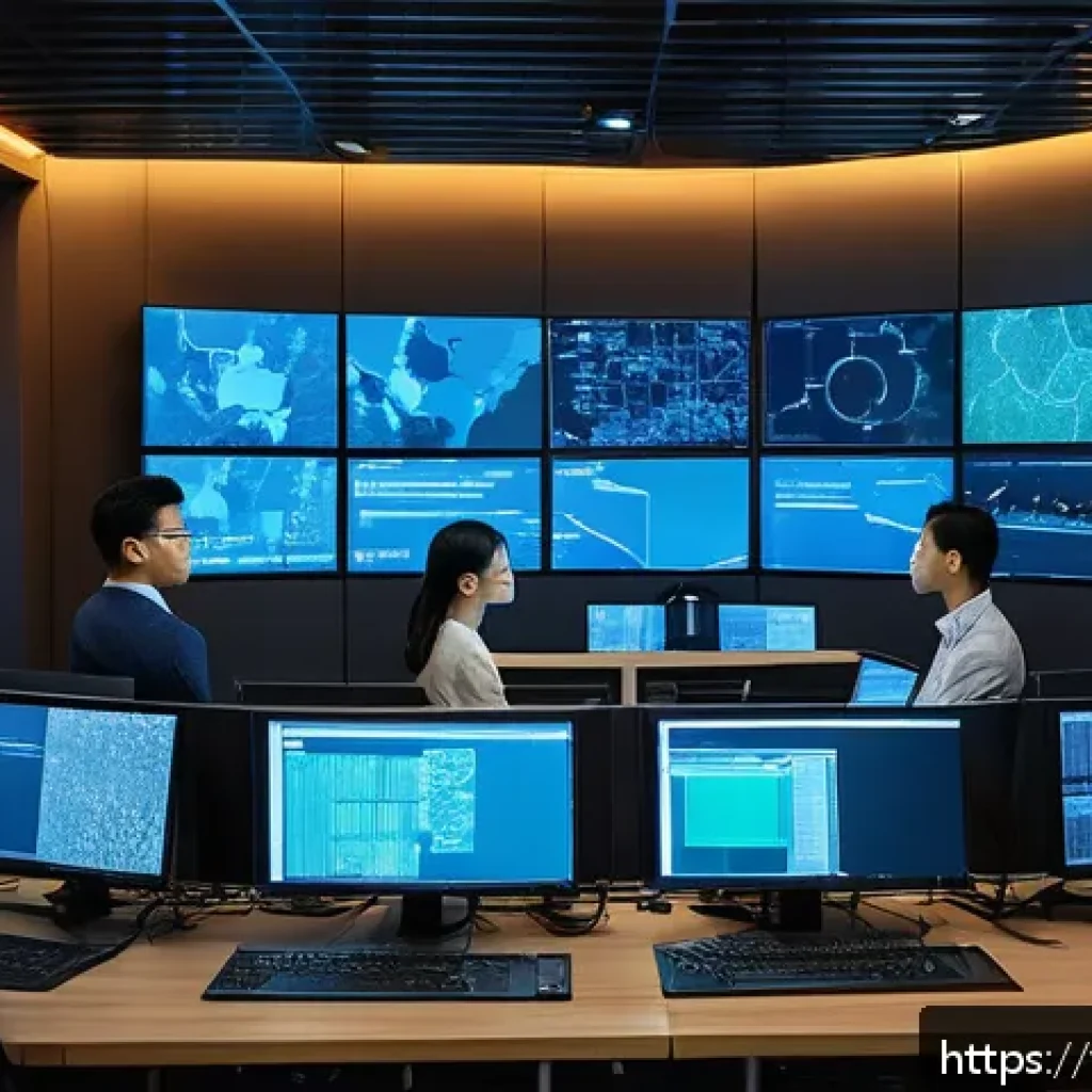 보안관제센터 인턴십 경험 후기 - A modern cybersecurity operations center in Vietnam, with diverse young professionals monitoring mul...