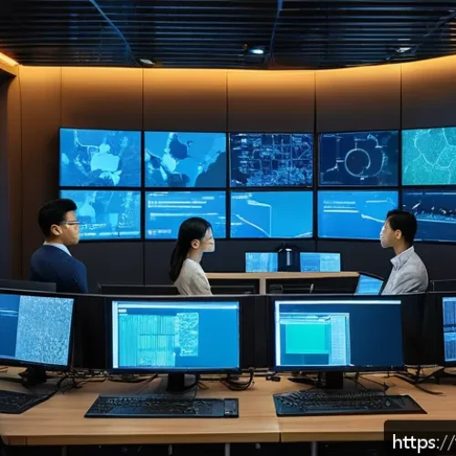 Home 17 보안관제센터 인턴십 경험 후기 - A modern cybersecurity operations center in Vietnam, with diverse young professionals monitoring mul...