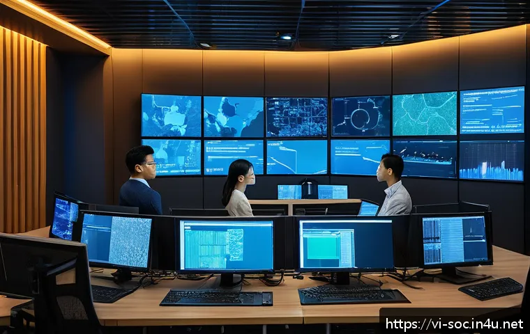 보안관제센터 인턴십 경험 후기 - A modern cybersecurity operations center in Vietnam, with diverse young professionals monitoring mul...